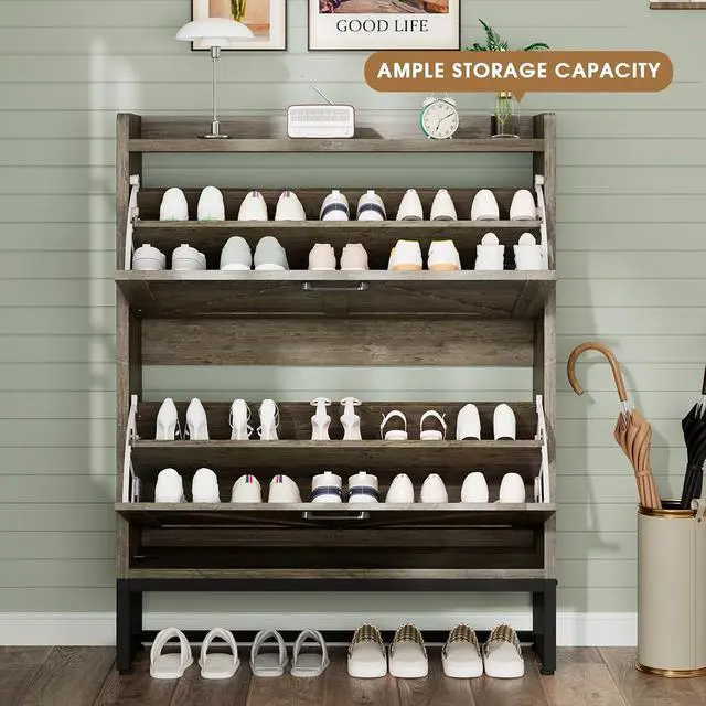 Alt view image 3 of 7 - Shoe Cabinet, Shoe Storage Cabinet with 2 Flip Drawers & Adjustable Shelf, Space-Saving Shoe Organizer Holds 16+ Pairs, Narrow Shoe Cabinet Storage for Entryway/HallwayGrey