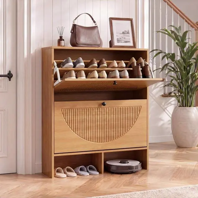 Main image of Shoe Cabinet with 2 Flip Drawers, Narrow Shoe Cabinet Storage for Entryway, Freestanding Shoe Organizer with Adjustable Shelves & Anti-Tipping Device, Shoe Rack Cabinet for Hallway, Foyer