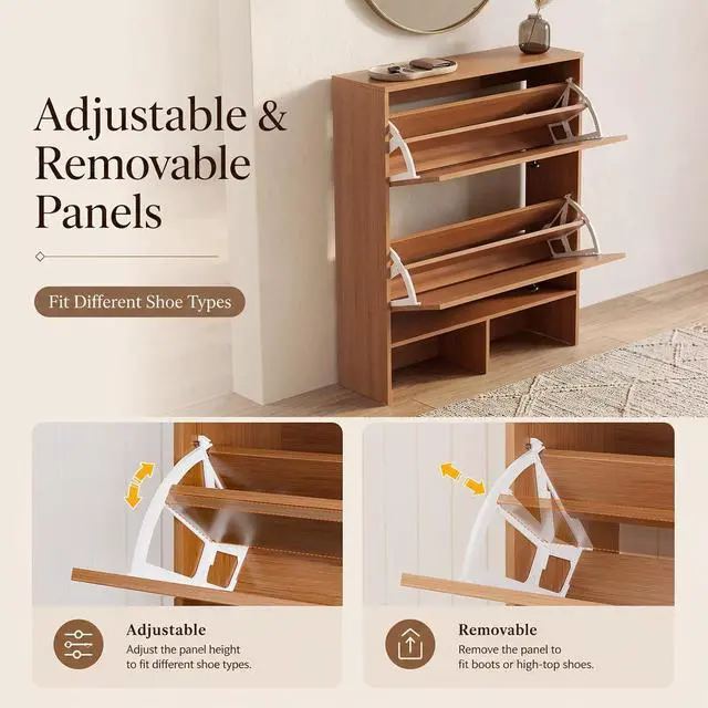 Alt view image 4 of 7 - Shoe Cabinet with 2 Flip Drawers, Narrow Shoe Cabinet Storage for Entryway, Freestanding Shoe Organizer with Adjustable Shelves & Anti-Tipping Device, Shoe Rack Cabinet for Hallway, Foyer
