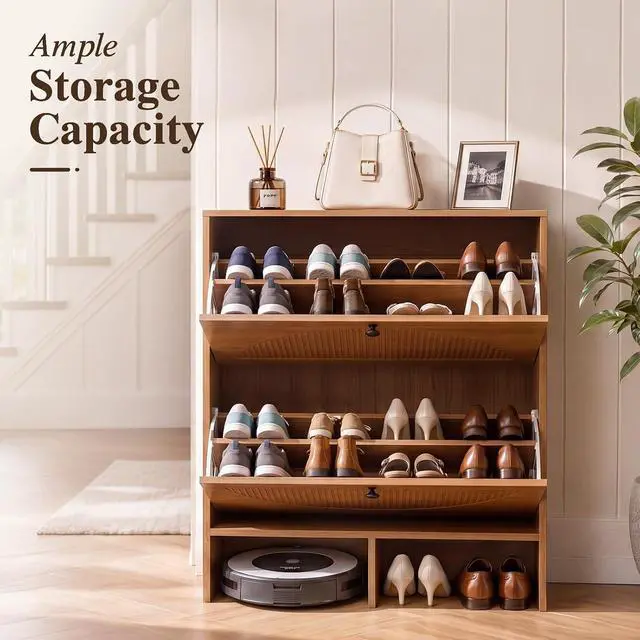 Alt view image 3 of 7 - Shoe Cabinet with 2 Flip Drawers, Narrow Shoe Cabinet Storage for Entryway, Freestanding Shoe Organizer with Adjustable Shelves & Anti-Tipping Device, Shoe Rack Cabinet for Hallway, Foyer