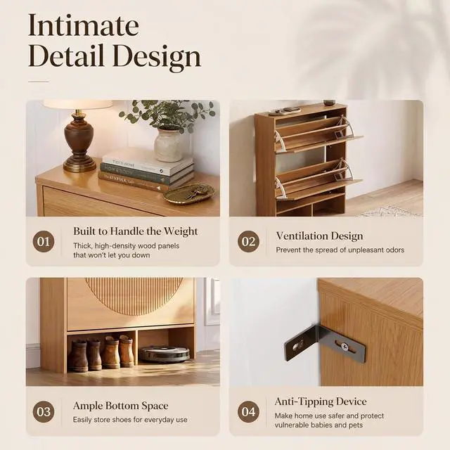 Alt view image 5 of 7 - Shoe Cabinet with 2 Flip Drawers, Narrow Shoe Cabinet Storage for Entryway, Freestanding Shoe Organizer with Adjustable Shelves & Anti-Tipping Device, Shoe Rack Cabinet for Hallway, Foyer