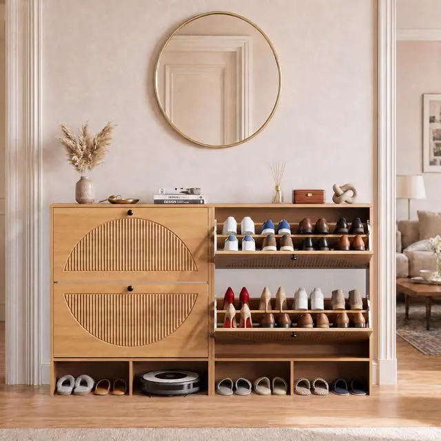 Alt view image 6 of 7 - Shoe Cabinet with 2 Flip Drawers, Narrow Shoe Cabinet Storage for Entryway, Freestanding Shoe Organizer with Adjustable Shelves & Anti-Tipping Device, Shoe Rack Cabinet for Hallway, Foyer