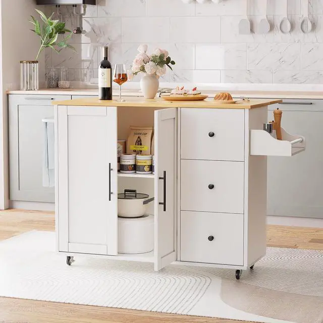 Alt view image 2 of 7 - Kitchen Island on Wheels with Storage-Multifunctional Kitchen Island Cart with Drop Leaf, Rolling Island with Spice/Towel Rack,Expandable Island Table Kitchen,39.37" Width,White