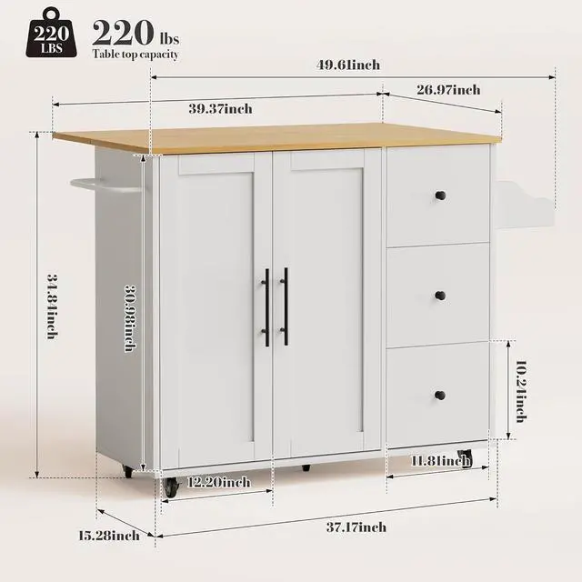 Alt view image 3 of 7 - Kitchen Island on Wheels with Storage-Multifunctional Kitchen Island Cart with Drop Leaf, Rolling Island with Spice/Towel Rack,Expandable Island Table Kitchen,39.37" Width,White