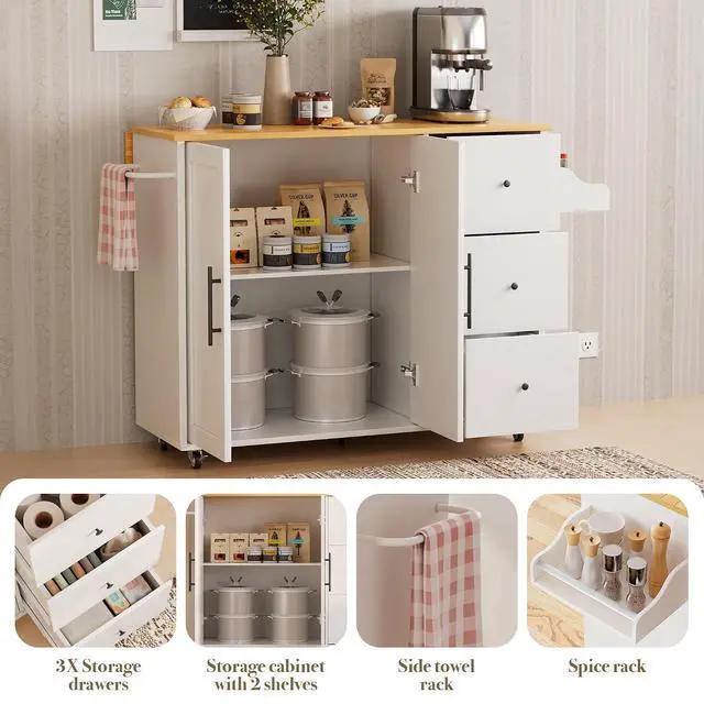 Alt view image 4 of 7 - Kitchen Island on Wheels with Storage-Multifunctional Kitchen Island Cart with Drop Leaf, Rolling Island with Spice/Towel Rack,Expandable Island Table Kitchen,39.37" Width,White
