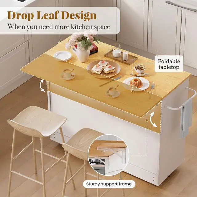 Alt view image 5 of 7 - Kitchen Island on Wheels with Storage-Multifunctional Kitchen Island Cart with Drop Leaf, Rolling Island with Spice/Towel Rack,Expandable Island Table Kitchen,39.37" Width,White
