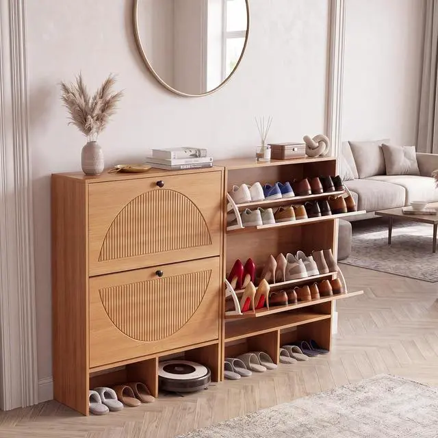 Alt view image 7 of 7 - Shoe Cabinet with 2 Flip Drawers, Narrow Shoe Cabinet Storage for Entryway, Freestanding Shoe Organizer with Adjustable Shelves & Anti-Tipping Device, Shoe Rack Cabinet for Hallway, Foyer