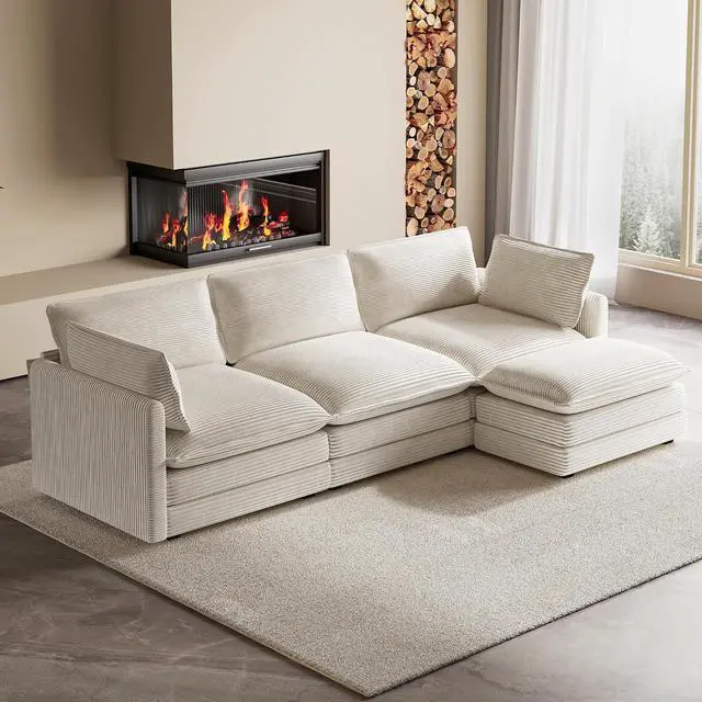 Alt view image 2 of 7 - 104'' Modular Sectional Cloud Couch with Movable Ottoman, 4 Seat Modern Corduroy Sofa, Deep Seat L Shaped Couch for Living Room Bedroom Apartment, Beige