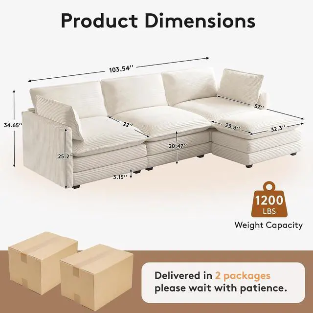 Alt view image 3 of 7 - 104'' Modular Sectional Cloud Couch with Movable Ottoman, 4 Seat Modern Corduroy Sofa, Deep Seat L Shaped Couch for Living Room Bedroom Apartment, Beige