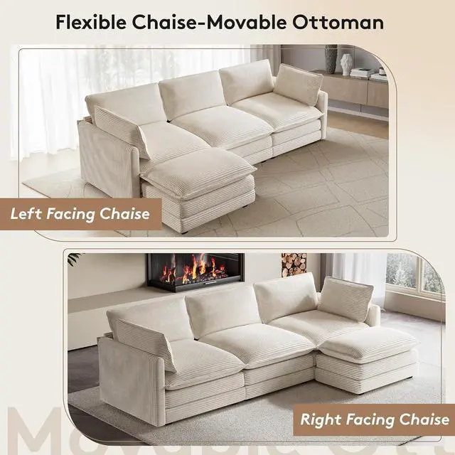 Alt view image 6 of 7 - 104'' Modular Sectional Cloud Couch with Movable Ottoman, 4 Seat Modern Corduroy Sofa, Deep Seat L Shaped Couch for Living Room Bedroom Apartment, Beige