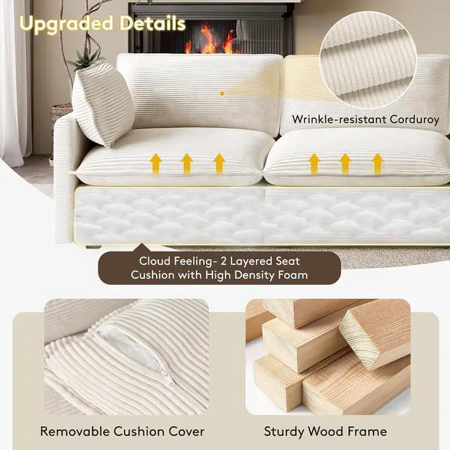 Alt view image 5 of 7 - 104'' Modular Sectional Cloud Couch with Movable Ottoman, 4 Seat Modern Corduroy Sofa, Deep Seat L Shaped Couch for Living Room Bedroom Apartment, Beige