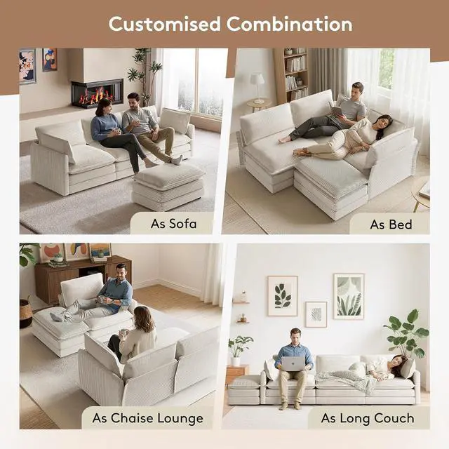 Alt view image 4 of 7 - 104'' Modular Sectional Cloud Couch with Movable Ottoman, 4 Seat Modern Corduroy Sofa, Deep Seat L Shaped Couch for Living Room Bedroom Apartment, Beige