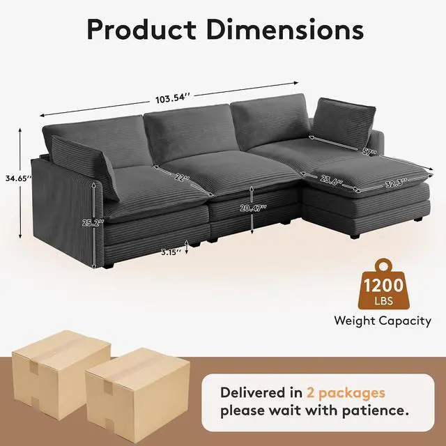 Alt view image 2 of 7 - 104" Modern Modular Sectional Sofa for Living Room, 4-Seat Deep Seat Couch with Movable Ottoman, L-Shaped Corduroy Sofa in Grey for Living Room, Cloud Couch Sectional Set for Bedroom