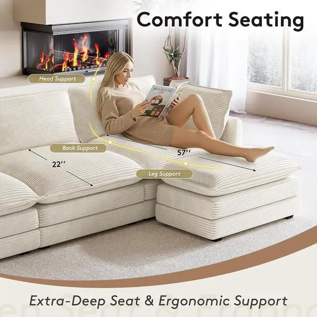 Alt view image 7 of 7 - 104'' Modular Sectional Cloud Couch with Movable Ottoman, 4 Seat Modern Corduroy Sofa, Deep Seat L Shaped Couch for Living Room Bedroom Apartment, Beige