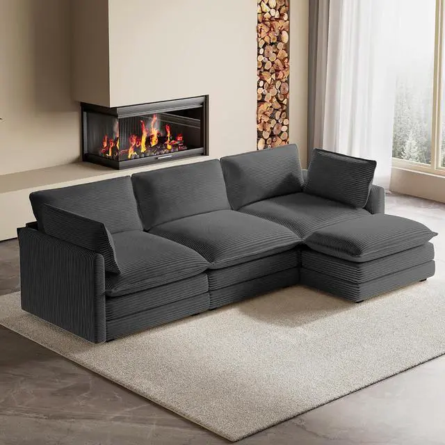 Main image of 104" Modern Modular Sectional Sofa for Living Room, 4-Seat Deep Seat Couch with Movable Ottoman, L-Shaped Corduroy Sofa in Grey for Living Room, Cloud Couch Sectional Set for Bedroom