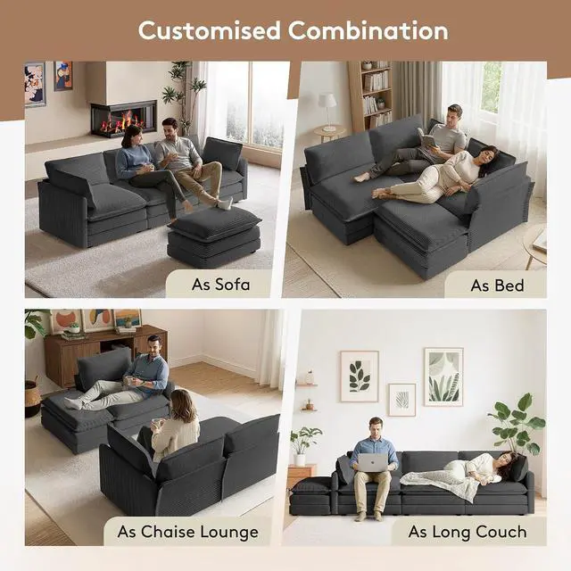 Alt view image 3 of 7 - 104" Modern Modular Sectional Sofa for Living Room, 4-Seat Deep Seat Couch with Movable Ottoman, L-Shaped Corduroy Sofa in Grey for Living Room, Cloud Couch Sectional Set for Bedroom