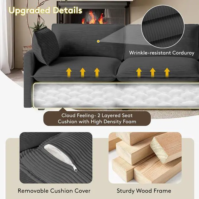 Alt view image 4 of 7 - 104" Modern Modular Sectional Sofa for Living Room, 4-Seat Deep Seat Couch with Movable Ottoman, L-Shaped Corduroy Sofa in Grey for Living Room, Cloud Couch Sectional Set for Bedroom