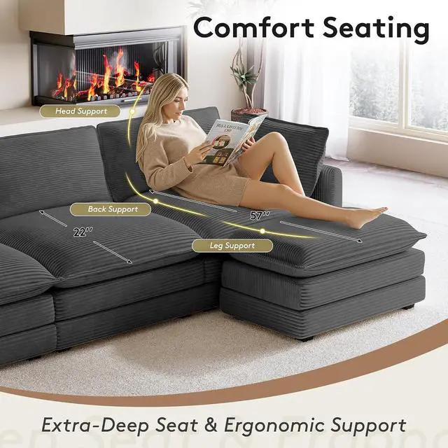 Alt view image 7 of 7 - 104" Modern Modular Sectional Sofa for Living Room, 4-Seat Deep Seat Couch with Movable Ottoman, L-Shaped Corduroy Sofa in Grey for Living Room, Cloud Couch Sectional Set for Bedroom