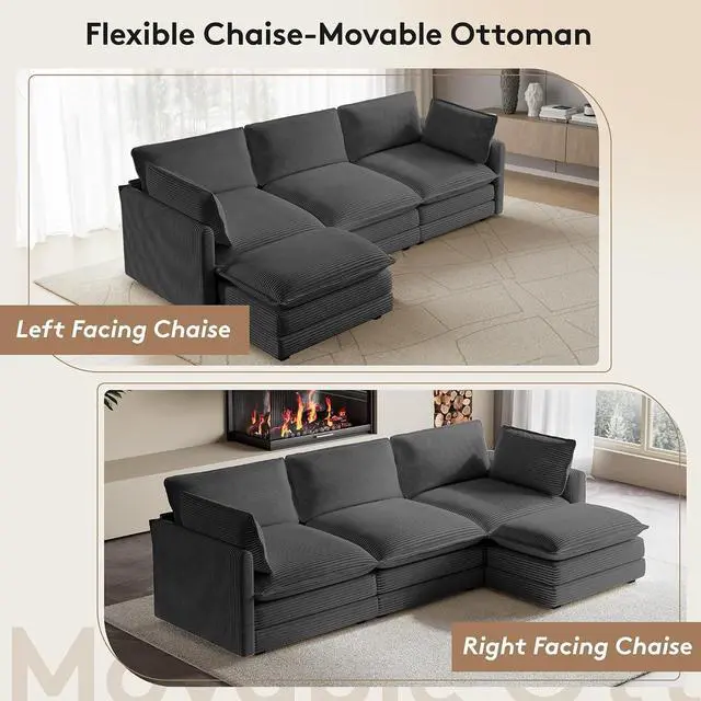 Alt view image 5 of 7 - 104" Modern Modular Sectional Sofa for Living Room, 4-Seat Deep Seat Couch with Movable Ottoman, L-Shaped Corduroy Sofa in Grey for Living Room, Cloud Couch Sectional Set for Bedroom