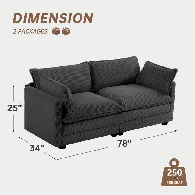 Alt view image 2 of 6 - 78'' Sectional 2 Seat Cloud Loveseat with 2 Throw Pillows, Modern Corduroy Love Seat, Convertible Cozy Sofa for Living Room, Bedroom and Office, Dark Grey