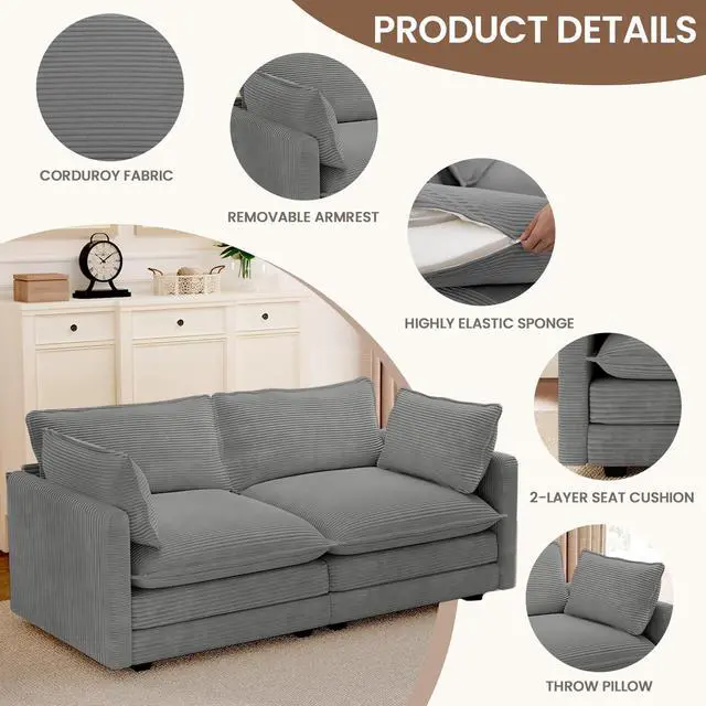Alt view image 3 of 6 - 78'' Sectional 2 Seat Cloud Loveseat with 2 Throw Pillows, Modern Corduroy Love Seat, Convertible Cozy Sofa for Living Room, Bedroom and Office, Dark Grey