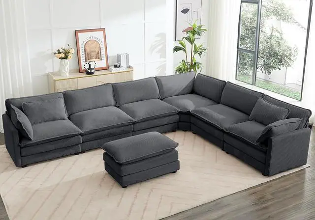 Main image of 150'' Modular Sectional Corner Cloud Couch, 7 Seater Sofa Big Comfy Corduroy V Shaped Couch with 4 Throw Pillows, Movable Ottoman, Couches for Living Room Office Dark Grey