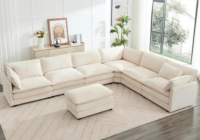 Main image of 150'' Modular Sectional Cloud Couch, 7 Seater Corner Sofa Big Comfy Corduroy V Shaped Couch with 4 Throw Pillows, Convertible Chaise, Ottoman, Couches for Living Room Office Beige