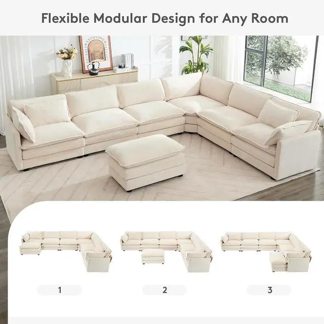 Alt view image 3 of 6 - 150'' Modular Sectional Cloud Couch, 7 Seater Corner Sofa Big Comfy Corduroy V Shaped Couch with 4 Throw Pillows, Convertible Chaise, Ottoman, Couches for Living Room Office Beige