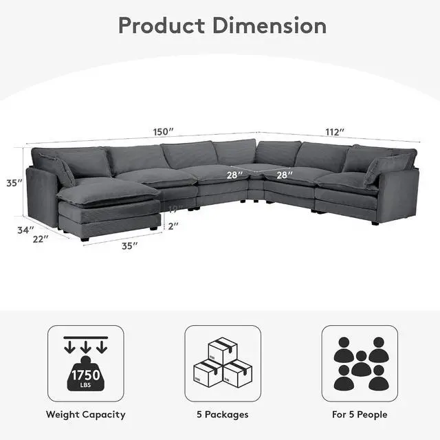 Alt view image 2 of 7 - 150'' Modular Sectional Corner Cloud Couch, 7 Seater Sofa Big Comfy Corduroy V Shaped Couch with 4 Throw Pillows, Movable Ottoman, Couches for Living Room Office Dark Grey