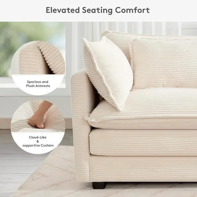 Alt view image 4 of 6 - 150'' Modular Sectional Cloud Couch, 7 Seater Corner Sofa Big Comfy Corduroy V Shaped Couch with 4 Throw Pillows, Convertible Chaise, Ottoman, Couches for Living Room Office Beige