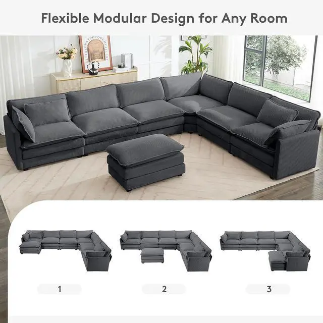 Alt view image 3 of 7 - 150'' Modular Sectional Corner Cloud Couch, 7 Seater Sofa Big Comfy Corduroy V Shaped Couch with 4 Throw Pillows, Movable Ottoman, Couches for Living Room Office Dark Grey