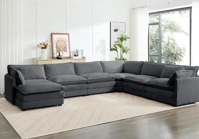 Alt view image 7 of 7 - 150'' Modular Sectional Corner Cloud Couch, 7 Seater Sofa Big Comfy Corduroy V Shaped Couch with 4 Throw Pillows, Movable Ottoman, Couches for Living Room Office Dark Grey