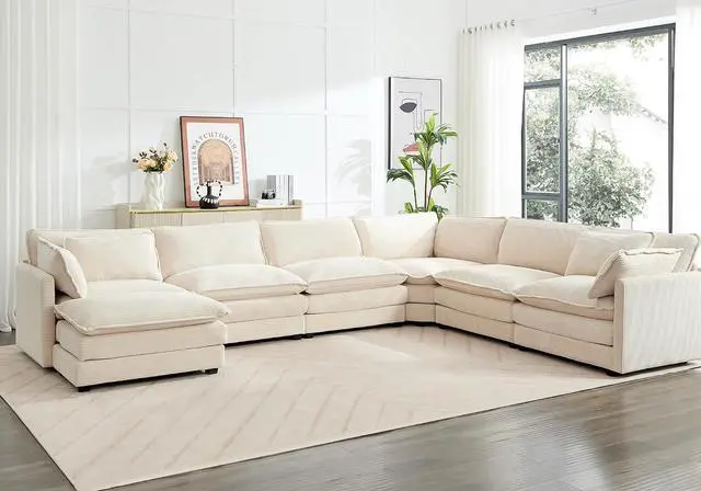 Alt view image 6 of 6 - 150'' Modular Sectional Cloud Couch, 7 Seater Corner Sofa Big Comfy Corduroy V Shaped Couch with 4 Throw Pillows, Convertible Chaise, Ottoman, Couches for Living Room Office Beige