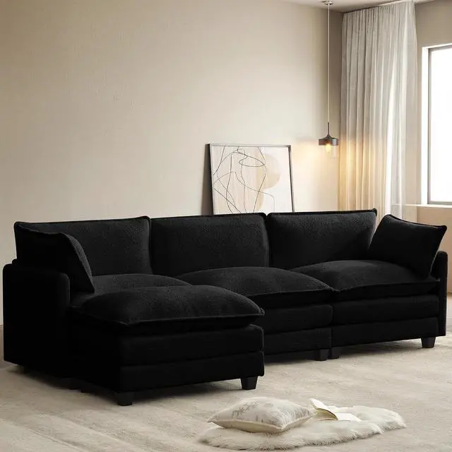Main image of 112'' Modular Sectional Cloud Couch with Movable Ottoman, 4 Seat Modern Chenille Sofa with 2 Throw Pillows, Deep Seat L Shaped Couch for Living Room Bedroom Apartment, Black | Arrange Freedom