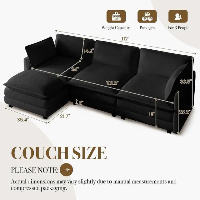 Alt view image 2 of 7 - 112'' Modular Sectional Cloud Couch with Movable Ottoman, 4 Seat Modern Chenille Sofa with 2 Throw Pillows, Deep Seat L Shaped Couch for Living Room Bedroom Apartment, Black | Arrange Freedom