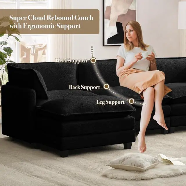 Alt view image 3 of 7 - 112'' Modular Sectional Cloud Couch with Movable Ottoman, 4 Seat Modern Chenille Sofa with 2 Throw Pillows, Deep Seat L Shaped Couch for Living Room Bedroom Apartment, Black | Arrange Freedom