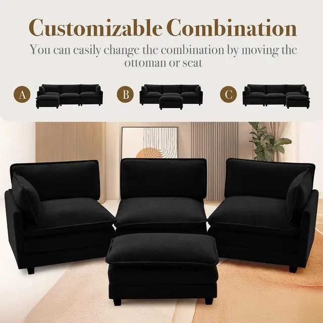 Alt view image 4 of 7 - 112'' Modular Sectional Cloud Couch with Movable Ottoman, 4 Seat Modern Chenille Sofa with 2 Throw Pillows, Deep Seat L Shaped Couch for Living Room Bedroom Apartment, Black | Arrange Freedom