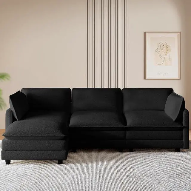 Alt view image 6 of 7 - 112'' Modular Sectional Cloud Couch with Movable Ottoman, 4 Seat Modern Chenille Sofa with 2 Throw Pillows, Deep Seat L Shaped Couch for Living Room Bedroom Apartment, Black | Arrange Freedom
