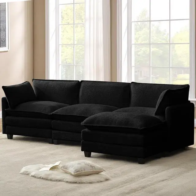 Alt view image 7 of 7 - 112'' Modular Sectional Cloud Couch with Movable Ottoman, 4 Seat Modern Chenille Sofa with 2 Throw Pillows, Deep Seat L Shaped Couch for Living Room Bedroom Apartment, Black | Arrange Freedom
