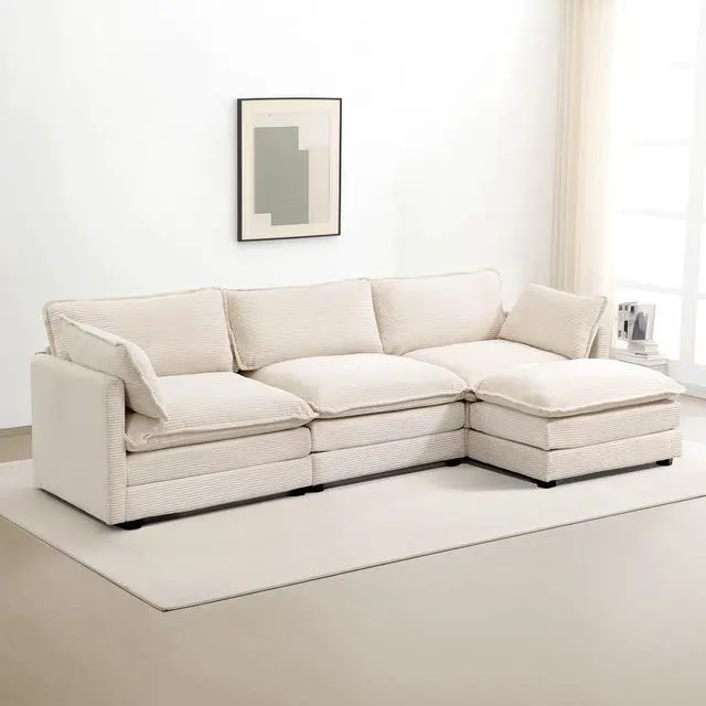 Main image of Oversized Modular Sectional Sofa with Movable Ottoman, 112 Inch 4 Seat Modern Corduroy Sofa Set, Convertible L Shaped Couch for Living Room and Office, Beige