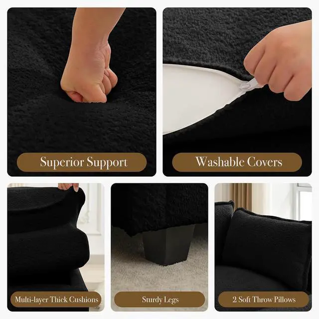 Alt view image 5 of 7 - 112'' Modular Sectional Cloud Couch with Movable Ottoman, 4 Seat Modern Chenille Sofa with 2 Throw Pillows, Deep Seat L Shaped Couch for Living Room Bedroom Apartment, Black | Arrange Freedom