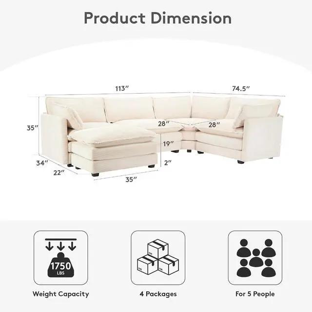 Alt view image 2 of 7 - 113'' Modular Sectional Cloud Couch, 5 Seater Corner Sofa Big Comfy Corduroy Oversized L Shaped Couch with 2 Pillows, Chaise, Ottoman, Deep Seat Sectional Couches for Living Room Office, Beige