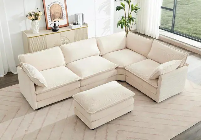 Main image of 113'' Modular Sectional Cloud Couch, 5 Seater Corner Sofa Big Comfy Corduroy Oversized L Shaped Couch with 2 Pillows, Chaise, Ottoman, Deep Seat Sectional Couches for Living Room Office, Beige