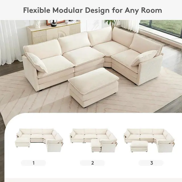 Alt view image 4 of 7 - 113'' Modular Sectional Cloud Couch, 5 Seater Corner Sofa Big Comfy Corduroy Oversized L Shaped Couch with 2 Pillows, Chaise, Ottoman, Deep Seat Sectional Couches for Living Room Office, Beige