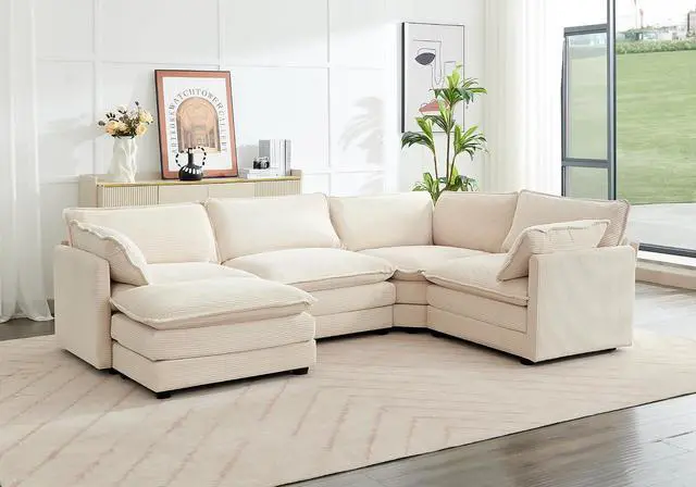 Alt view image 7 of 7 - 113'' Modular Sectional Cloud Couch, 5 Seater Corner Sofa Big Comfy Corduroy Oversized L Shaped Couch with 2 Pillows, Chaise, Ottoman, Deep Seat Sectional Couches for Living Room Office, Beige