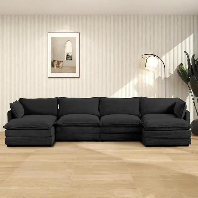 Main image of 148'' Sectional Cloud Couch with 2 Ottomans, Oversized 4 Seat Sleeper Sofa with 2 Throw Pillows, Convertible Upholstered U Shaped Cozy Sofa Furniture Set for Living Room and Office, Black