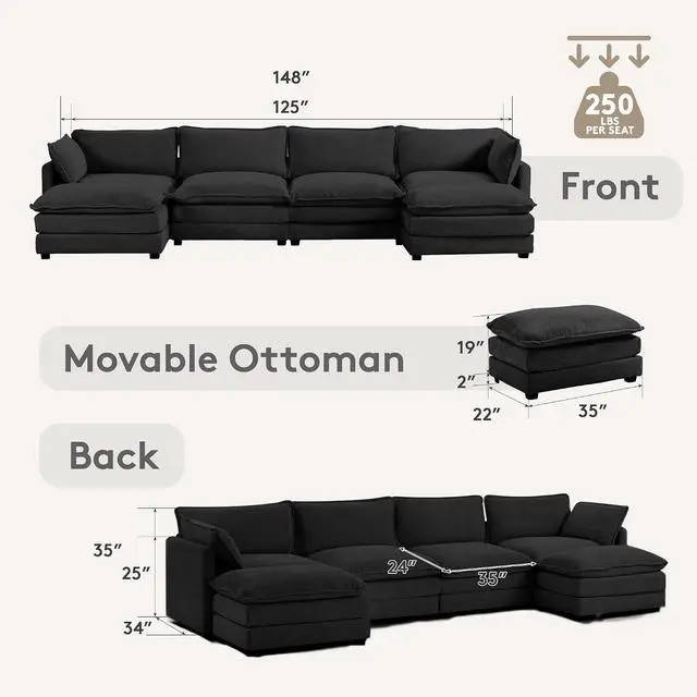 Alt view image 2 of 6 - 148'' Sectional Cloud Couch with 2 Ottomans, Oversized 4 Seat Sleeper Sofa with 2 Throw Pillows, Convertible Upholstered U Shaped Cozy Sofa Furniture Set for Living Room and Office, Black