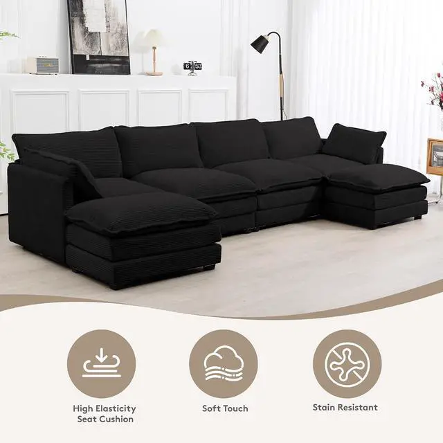 Alt view image 3 of 6 - 148'' Sectional Cloud Couch with 2 Ottomans, Oversized 4 Seat Sleeper Sofa with 2 Throw Pillows, Convertible Upholstered U Shaped Cozy Sofa Furniture Set for Living Room and Office, Black