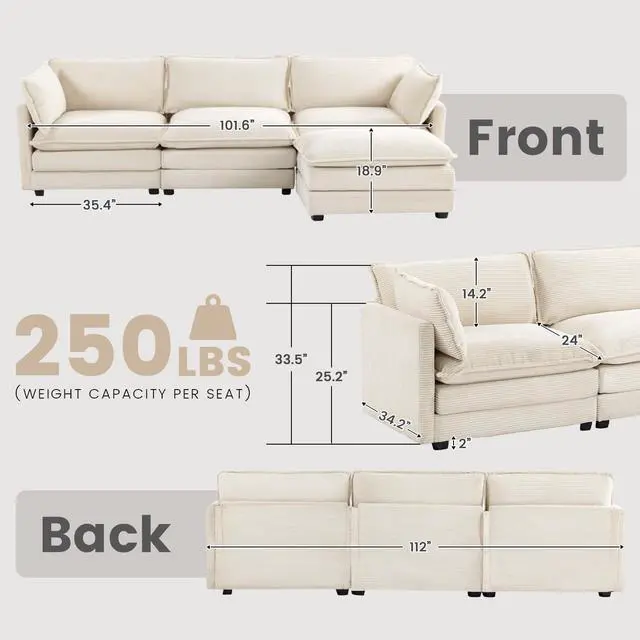 Alt view image 2 of 7 - Oversized Modular Sectional Sofa with Movable Ottoman, 112 Inch 4 Seat Modern Corduroy Sofa Set, Convertible L Shaped Couch for Living Room and Office, Beige