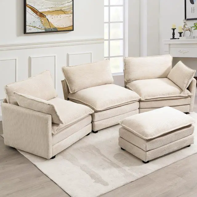 Alt view image 3 of 7 - Oversized Modular Sectional Sofa with Movable Ottoman, 112 Inch 4 Seat Modern Corduroy Sofa Set, Convertible L Shaped Couch for Living Room and Office, Beige